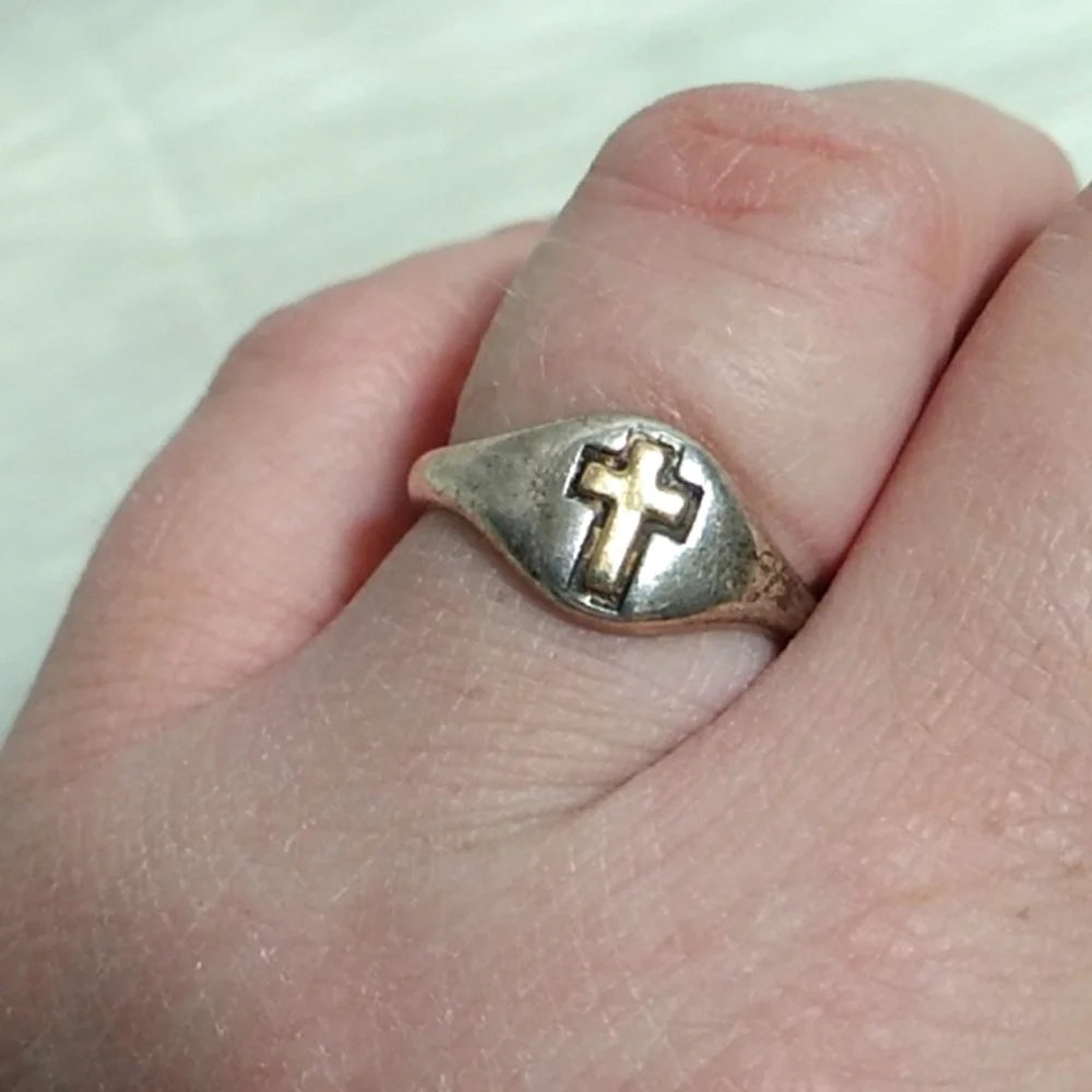 SALE! Antique 14K Gold Cross 925 Band Ring Flaw Can Be Easy Fix Stamped 14kt/925 - Picture 1 of 12